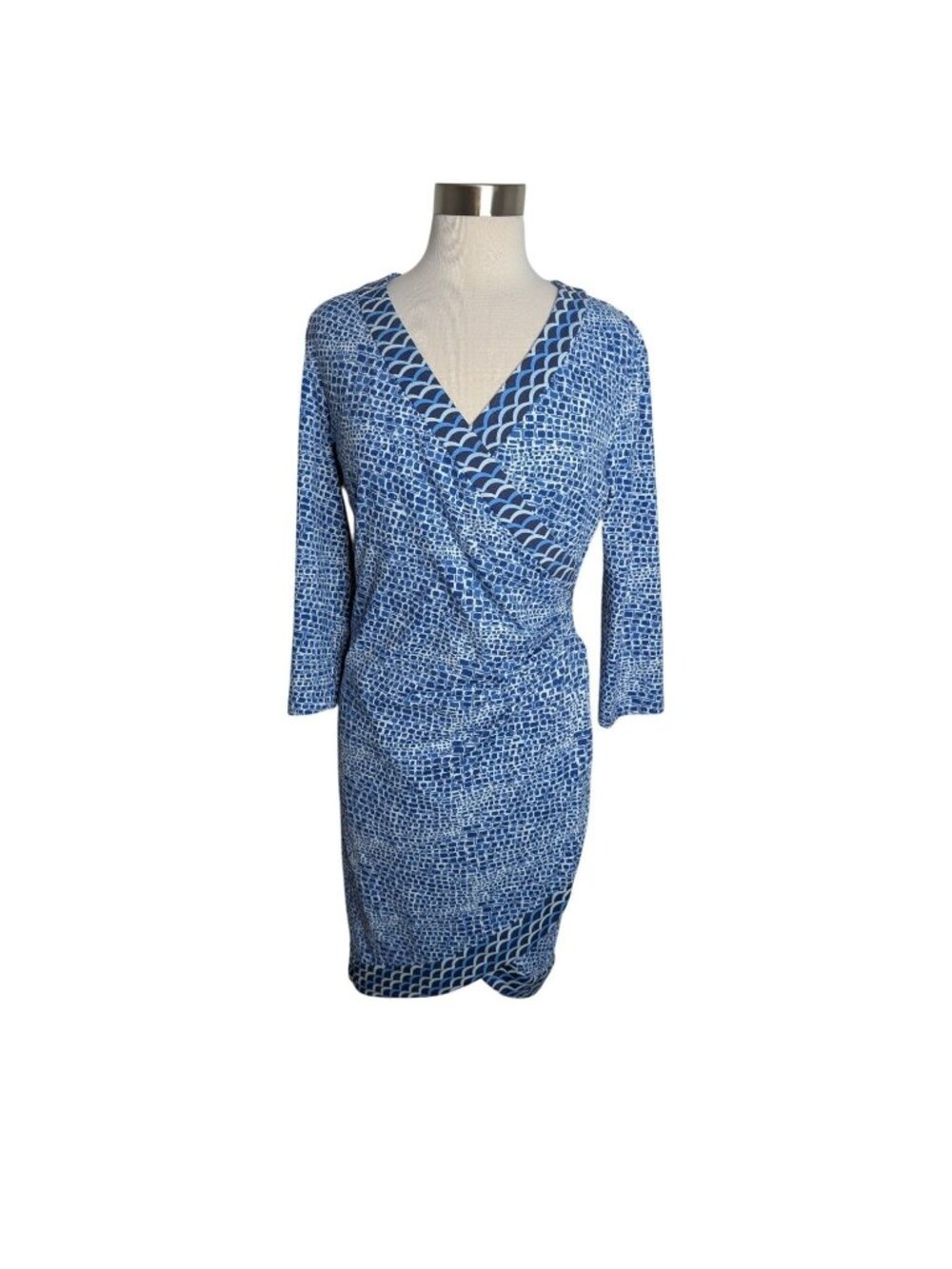 J. McLaughlin Blythe Catalina Cloth Sz M Wrap Dress Blue Great Wall Print